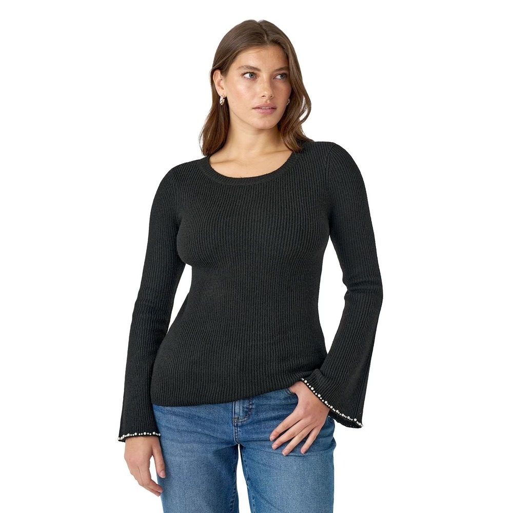 Edited by Hunter McGrady Pearl Trim Bell Sleeve Rib Knit Sweater Black XL